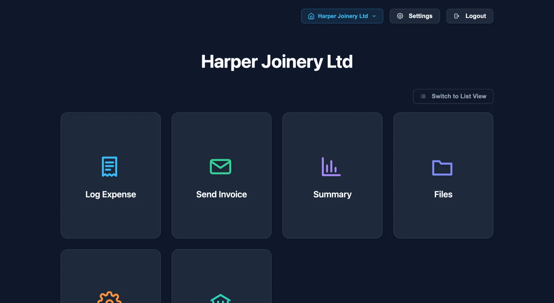 The dashboard showing shortcut tiles for Log Expense, Send Invoice, Summary, Files, Setup and Bank Import, with the business name in the header.
