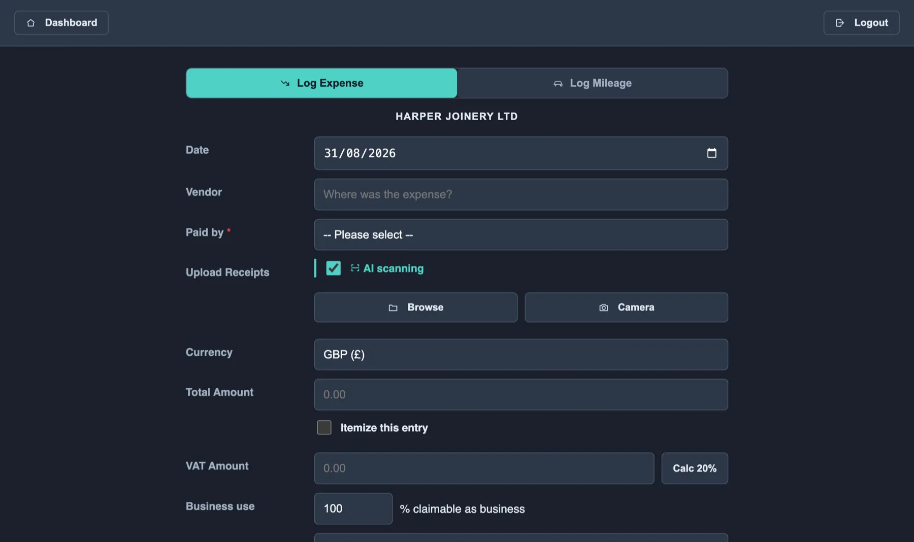The Log Expense form: date, vendor, paid by, receipt upload with AI scanning switched on, currency, total, VAT with a Calc 20% button, business use percentage and notes.