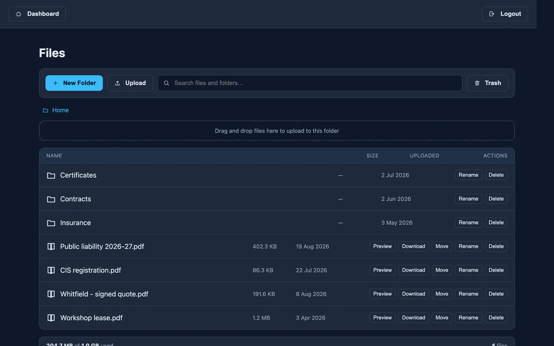 The Files screen with New Folder, Upload, a search box and Trash, a drag-and-drop area, and a table of folders and PDFs with Preview, Download, Move, Rename and Delete actions and a storage bar at the bottom.