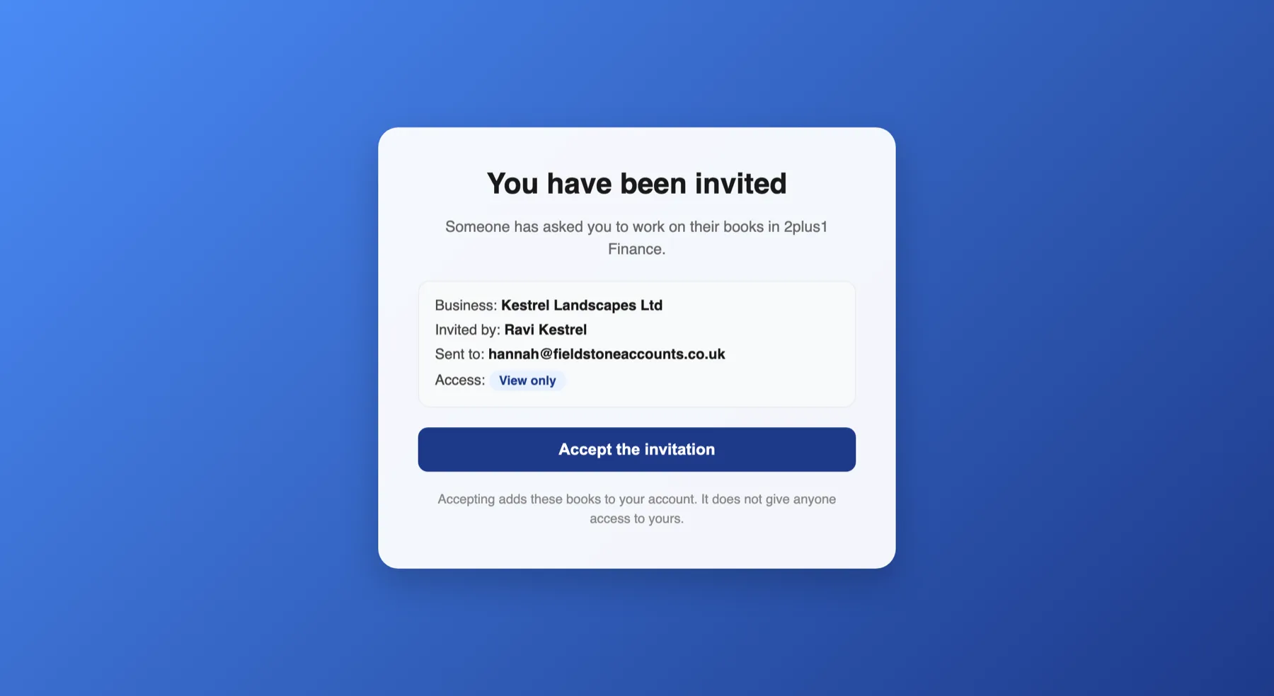 The invitation page an advisor lands on, showing the business name, who invited them, the address it was sent to, a View only badge and an Accept the invitation button.