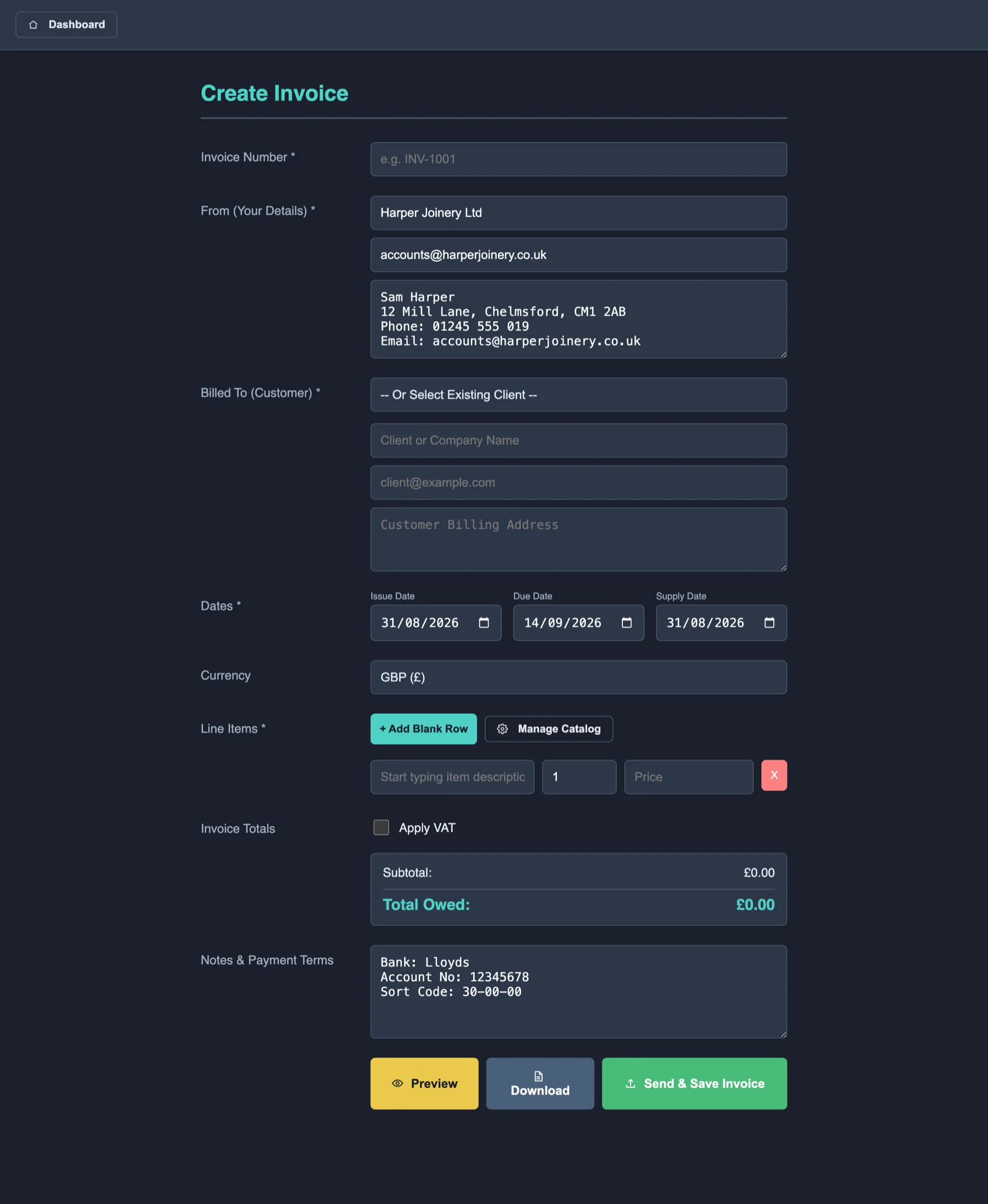 The Create Invoice form: invoice number, your details filled in from Setup, billed-to details with a client picker, issue, due and supply dates, currency, line items with Add Blank Row and Manage Catalog, and invoice totals with Apply VAT.