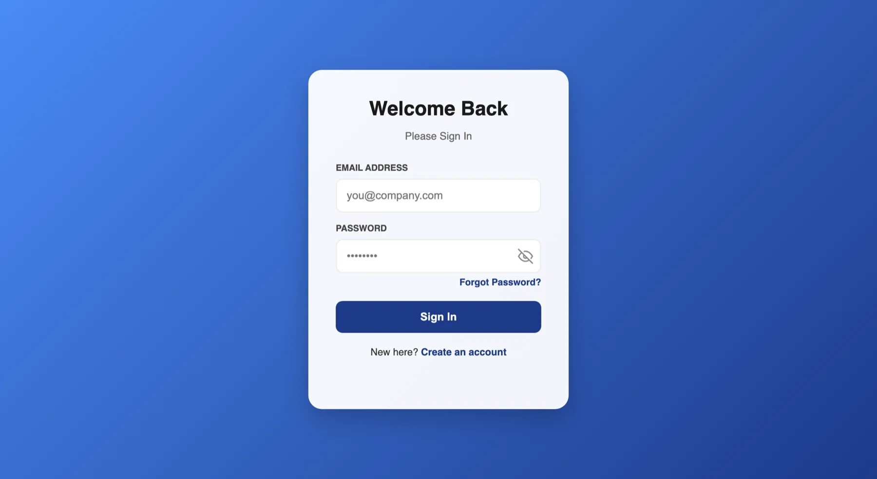 The sign-in screen with email and password fields, a Forgot Password link and a Sign In button.
