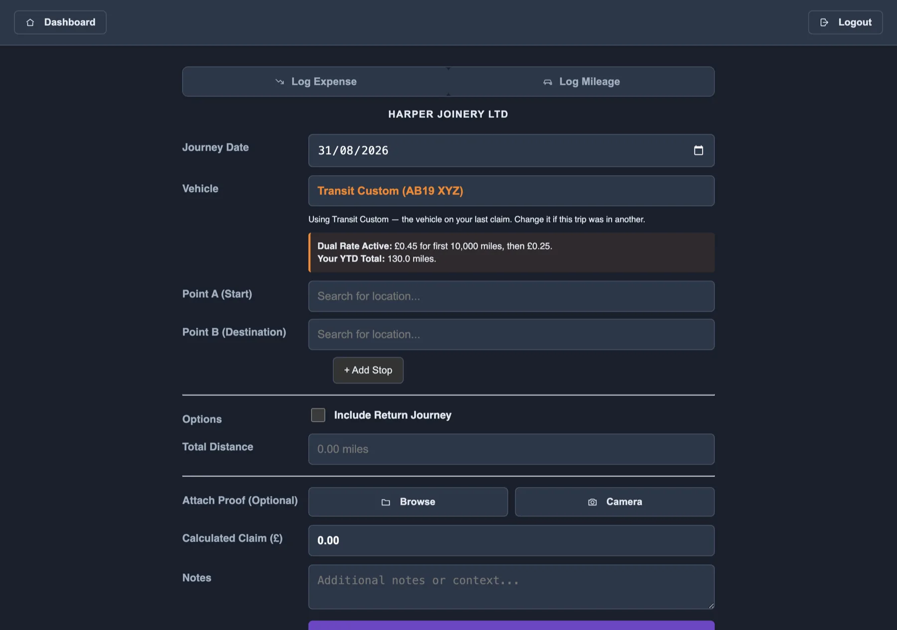 The Log Mileage form: journey date, vehicle with a dual-rate notice and year-to-date mileage, start and destination points, Add Stop, return journey option, total distance, proof attachment and calculated claim.