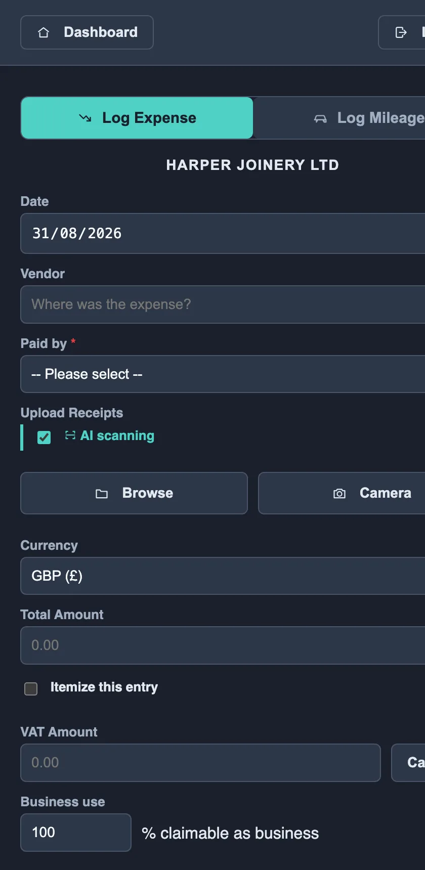 The expense form on a phone-sized screen, with the fields stacked in a single column.