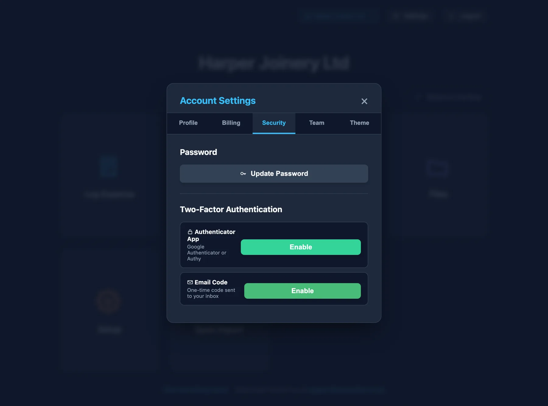 The Security tab showing Update Password with strength rules, and Two-Factor Authentication offering an authenticator app or an emailed one-time code.
