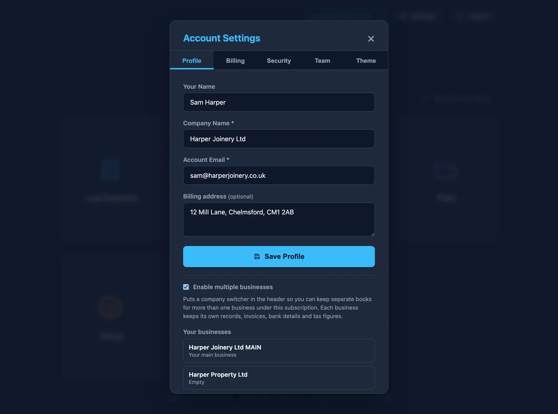 The Account Settings window on the Profile tab, with tabs for Profile, Billing, Security, Team and Theme, fields for name, company name, account email and billing address, and the Enable multiple businesses option below.