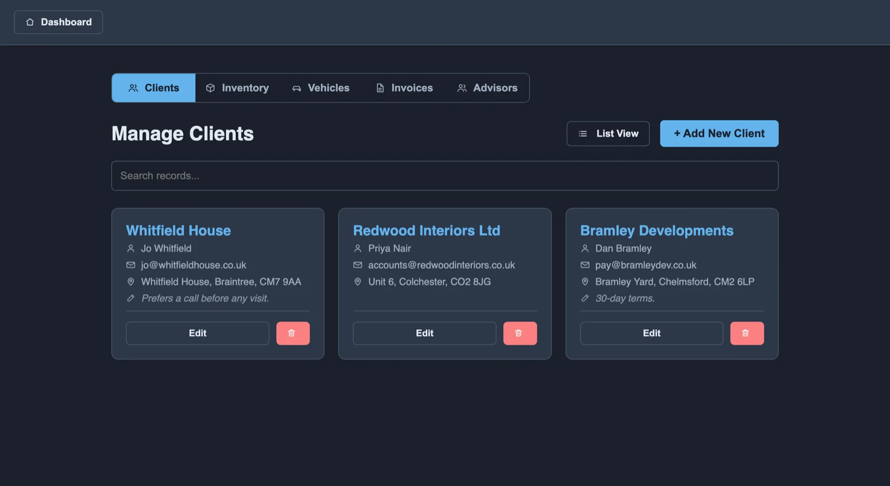 The Setup screen showing tabs for Clients, Inventory, Vehicles, Invoices and Advisors, with the client list and an Add New Client button.