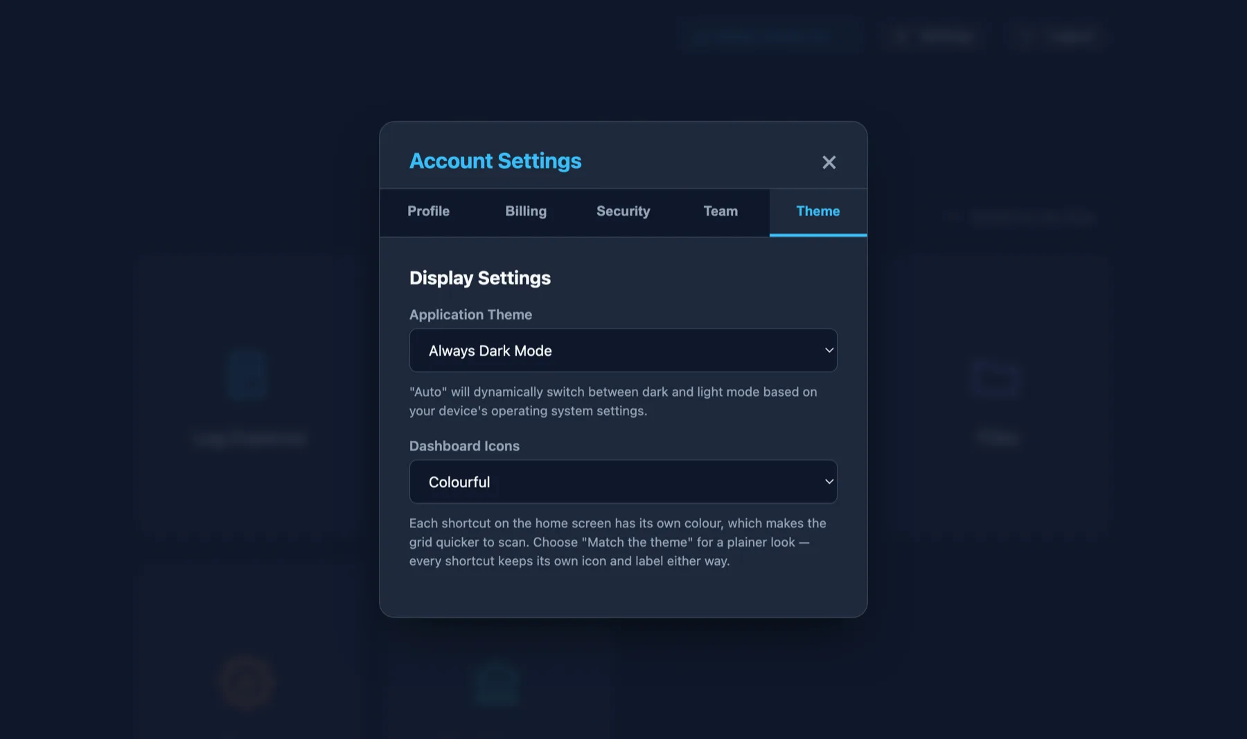 The Theme tab with application theme options Auto, Always Dark and Always Light, and a Dashboard Icons choice between Colourful and Match the theme.