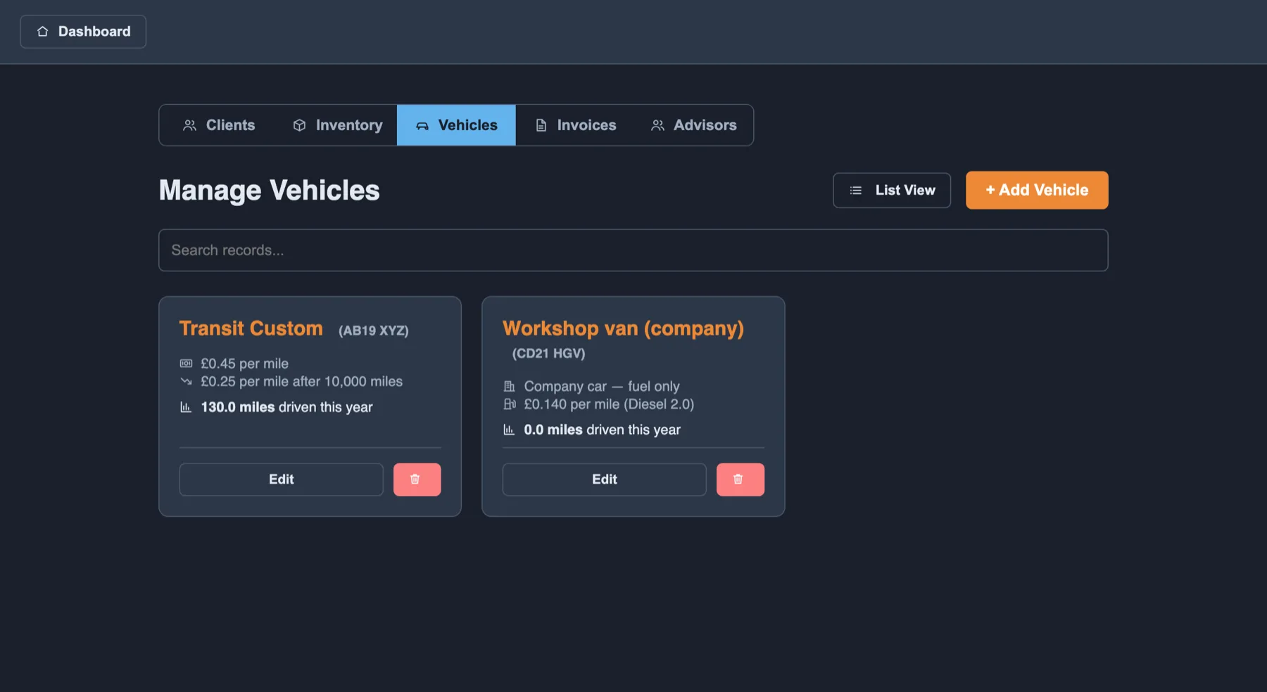 The Vehicles tab showing two vehicle cards: one on a per-mile allowance with a second rate after 10,000 miles, one marked company car on a fuel-only advisory rate, each showing miles driven this year.